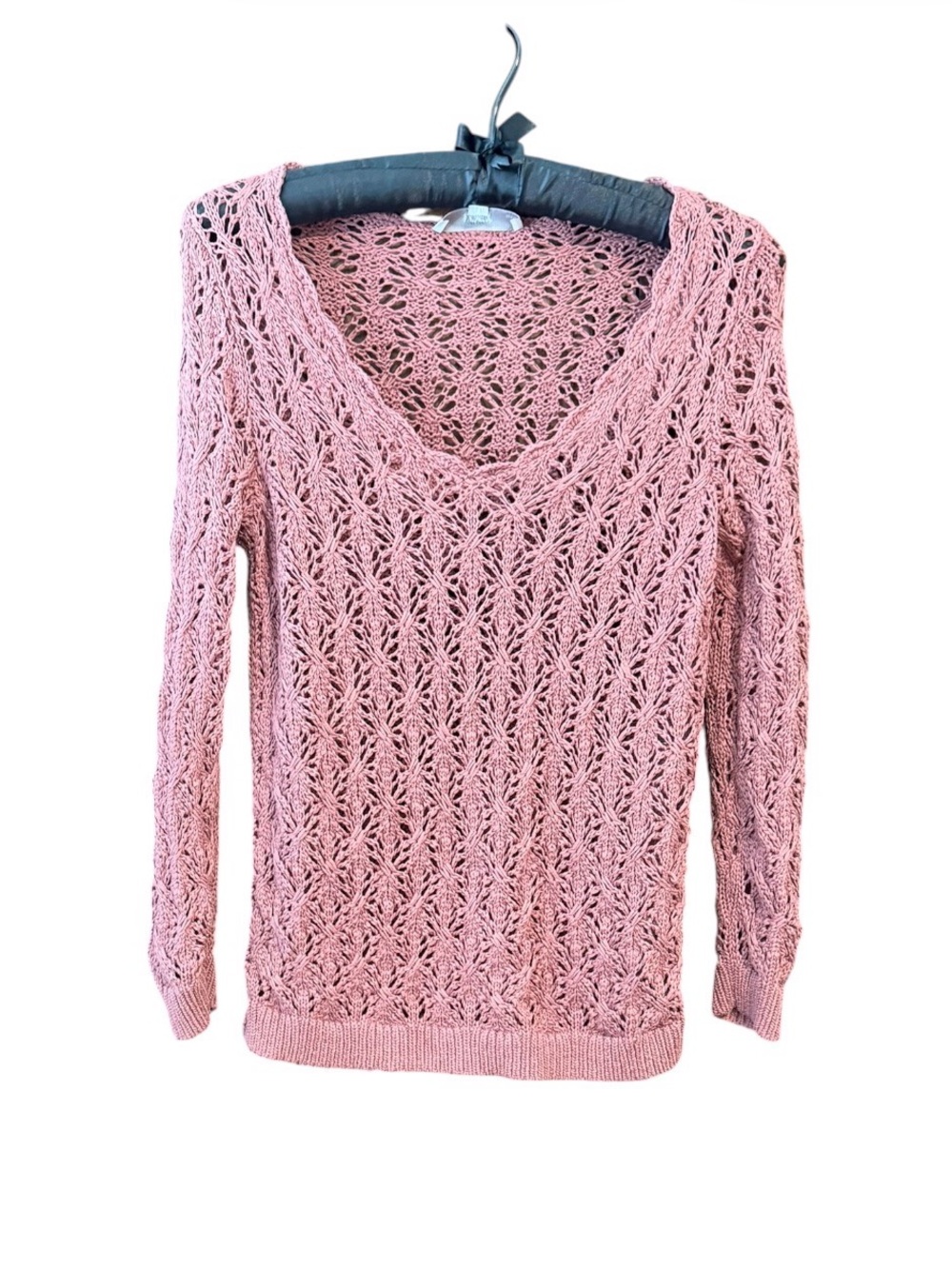 LOFT Rust Crochet Lightweight Cotton Openwork V-Neck Sweater